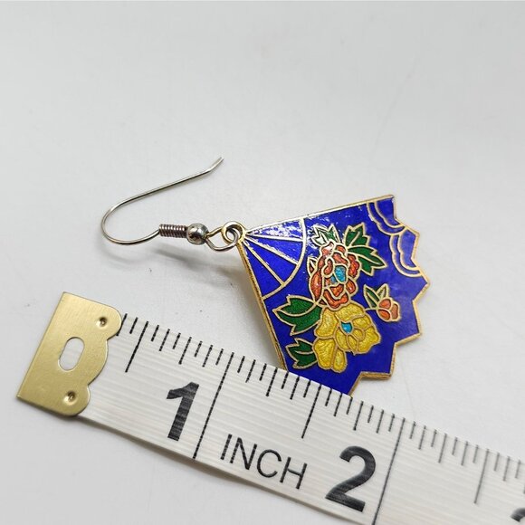Vintage Cloisonné Fan Shaped Dangle Earrings Floral Design Gold-Tone - Picture 4 of 4